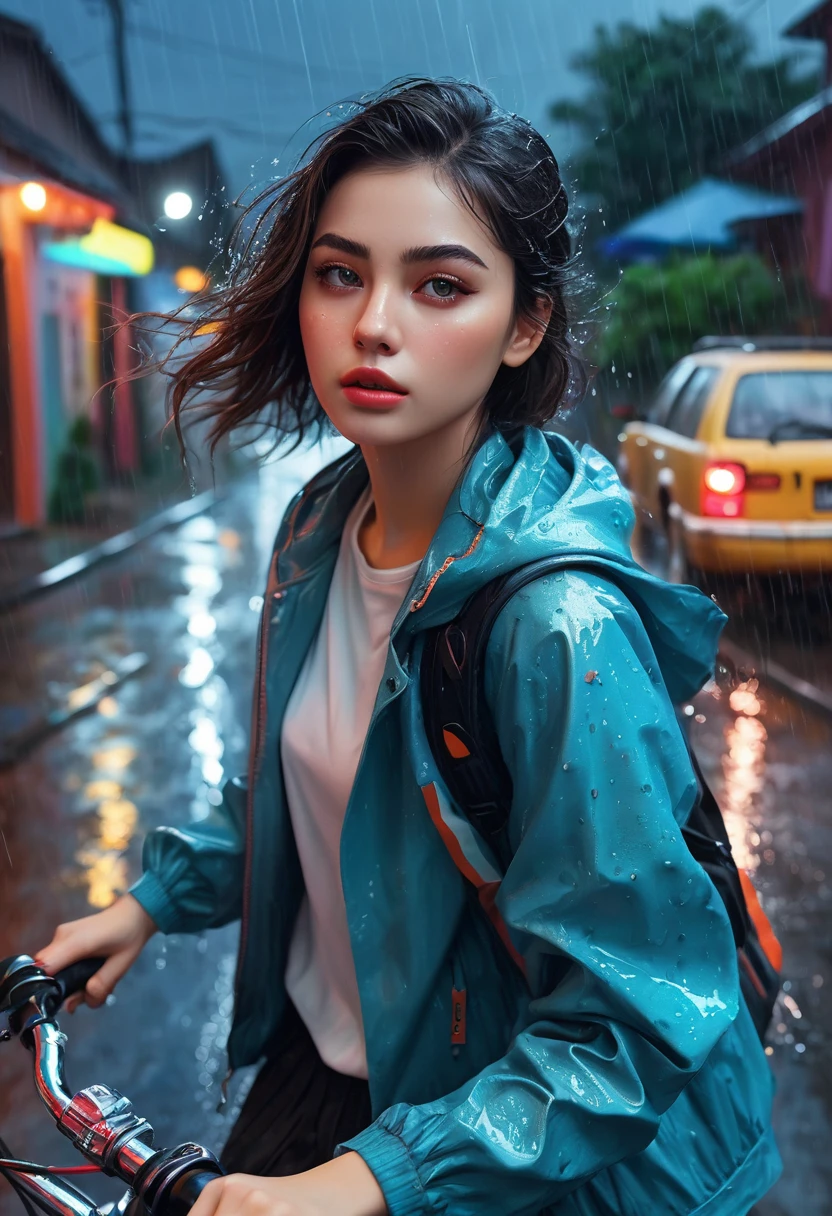 a surreal scene, a bicycle, a cat, a residential area, rain, a sense of speed, 1girl, beautiful detailed eyes, beautiful detailed lips, extremely detailed eyes and face, long eyelashes, riding a bicycle, speeding through a rainy residential neighborhood, chasing a cat, floating objects, neon lights, vibrant colors, glowing effects, cinematic lighting, (best quality,4k,8k,highres,masterpiece:1.2),ultra-detailed,(realistic,photorealistic,photo-realistic:1.37),concept art,digital painting