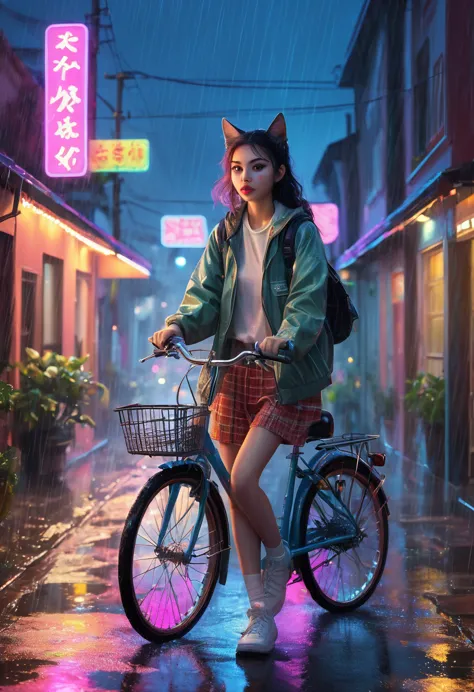 a surreal scene, a bicycle, a cat, a residential area, rain, a sense of speed, 1girl, beautiful detailed eyes, beautiful detaile...