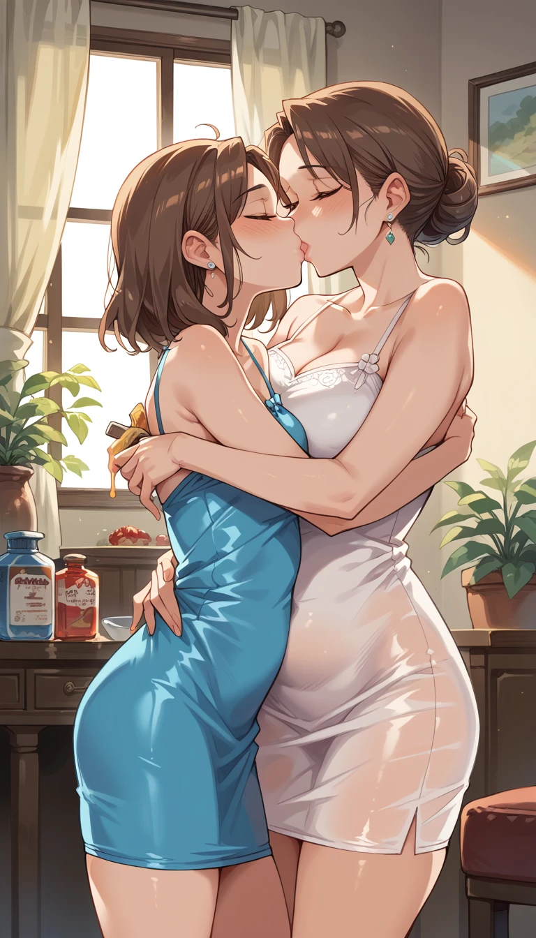 score_9, score_8_superior, score_7_superior, sauce_anime,livingroom, One boy, One girl, Mature Woman, Mother and son, , hug, kiss, Embrace each other, cling, women wear mini transparent dress