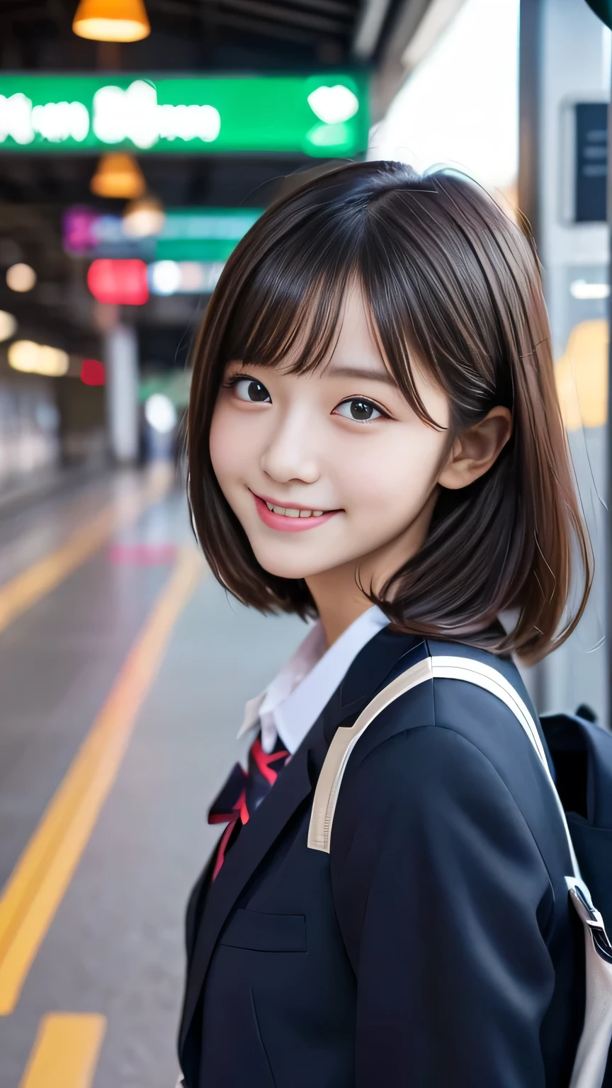 Masterpiece、Highest quality、An illustration、Super detailed、High resolution with great detail、8k wallpaper、Perfect dynamic composition、１６year old female student、cute、Beautiful detailed eyes、School uniforms、Short Bob、Natural color lip、Random sexy poses、smile、waiting for the train on the station platform、