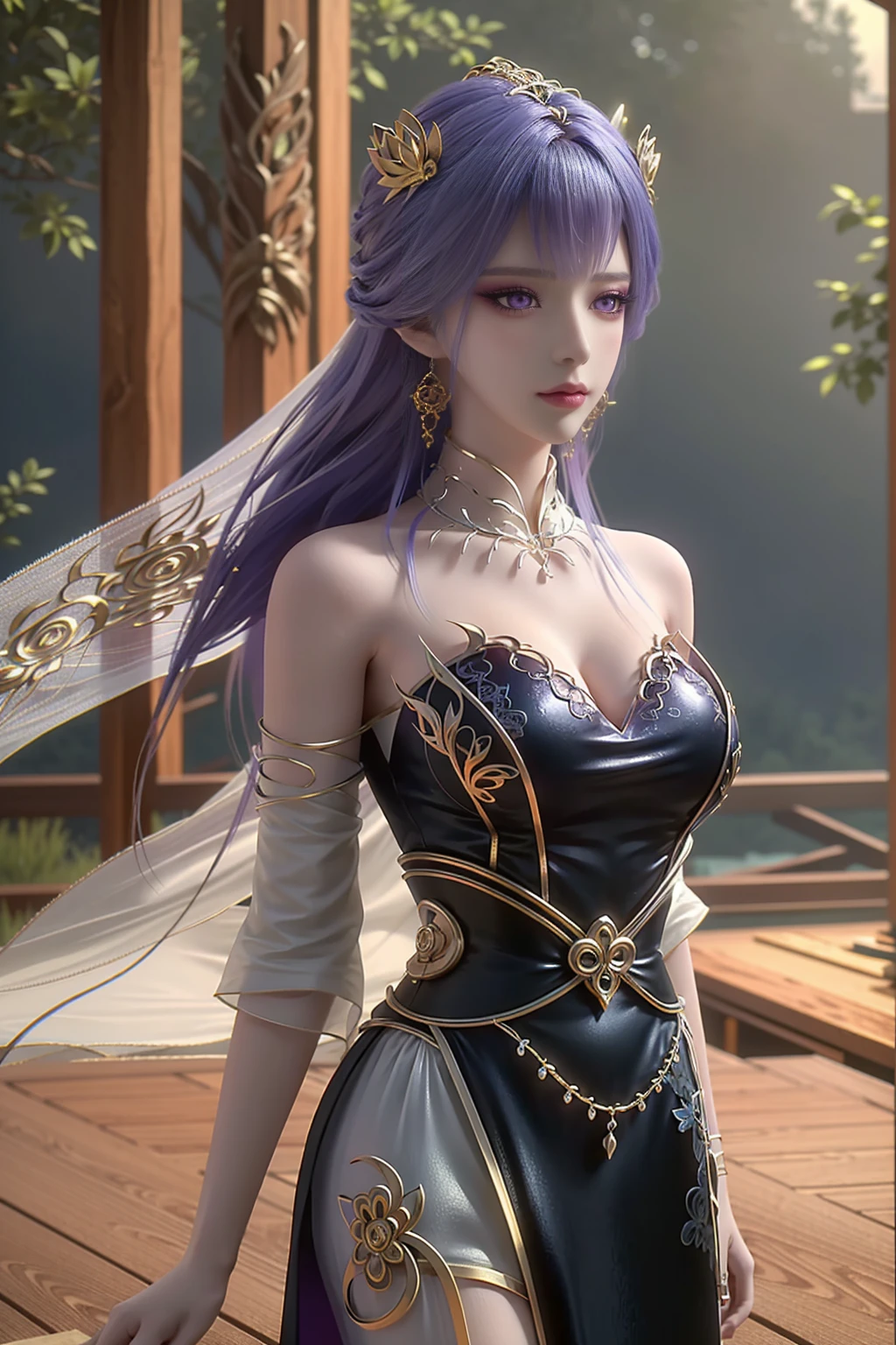 (Masterpiece), (best quality:1.5), ultra high quality, 
(crystalstexture skin:1.5), (extremely delicate and beautiful),
1girl, solo, jewelry, long hair,bare shoulders, purple hair, looking at viewer,earrings,  delicate lace, lace, white skin, pale skin, 3d, (large breasts:1.2), hair ornament,  soft lighting, natural lighting, day, sky, wisteria, outdoors, (detail color:1.3), (ferpect lighting), (Glowing skin:1.3), (oil skin), standing, upper body, looking at viwer,