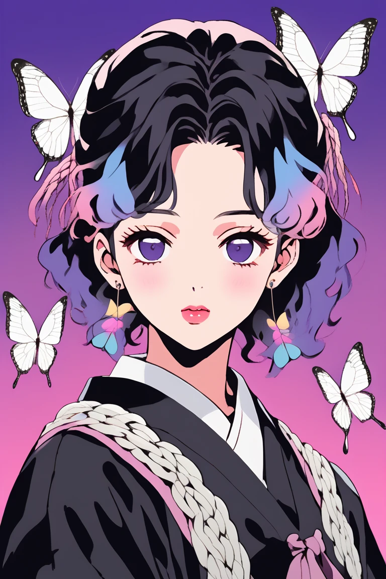 (Highest quality, sketch:1.2),Realistic,Illustrator,anime,1 , Detailed lips,school uniform,white butterfly々Haori、Under Rainbow Custom,Pink gradient background,Neon Hair,Texture Clipping,masterpiece, style: Retro Classic, Dark Black、Braiding、Under the Moon、Black and purple hair、Beautiful account、Blue butterfly hair ornament、アップstyleヘア、Hair is Night 