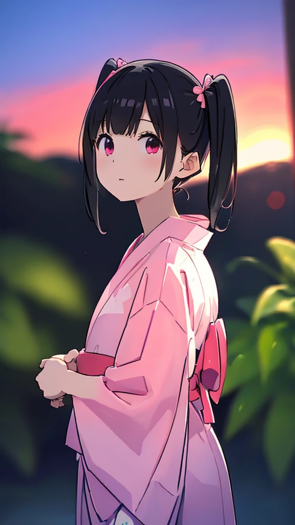 Black Hair、refreshing、High-quality background that looks like an anime cel、Half Twin Tail、clear、Cute summer yukata、Pale white and pink、Summer night sky、whole body、high quality４Ｋ