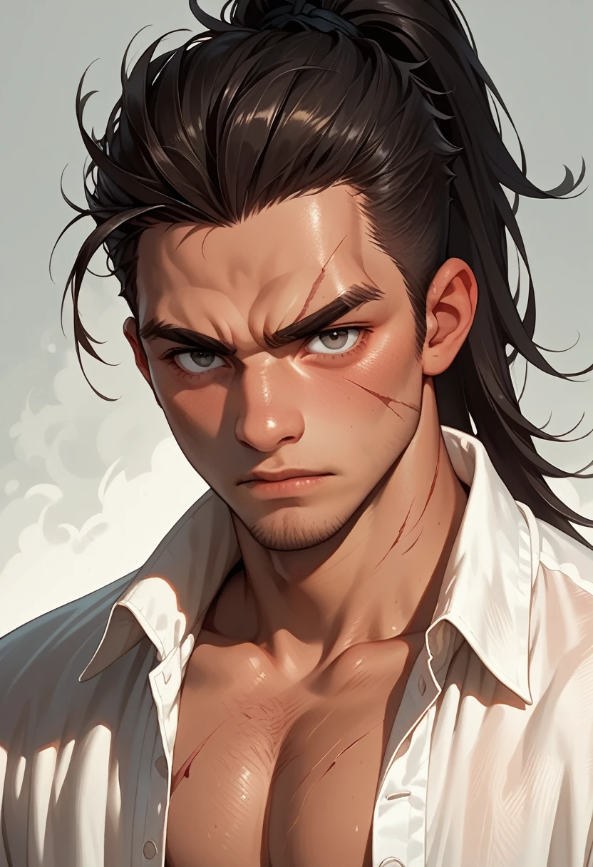 Man. tall body. Broad shoulders. Very dark black skin. Gray eyes. Long, slightly messy black hair tied in a ponytail. Serious expression. Open button shirt. Scar on the left eye. very strong body. Young. attractive