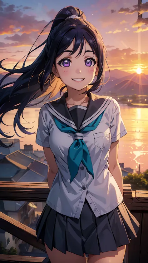 kanan matsuura, blue hair, long hair, ponytail, (purple eyes:1.1), sidelocks,
aqua neckerchief, grey sailor collar, grey skirt, ...