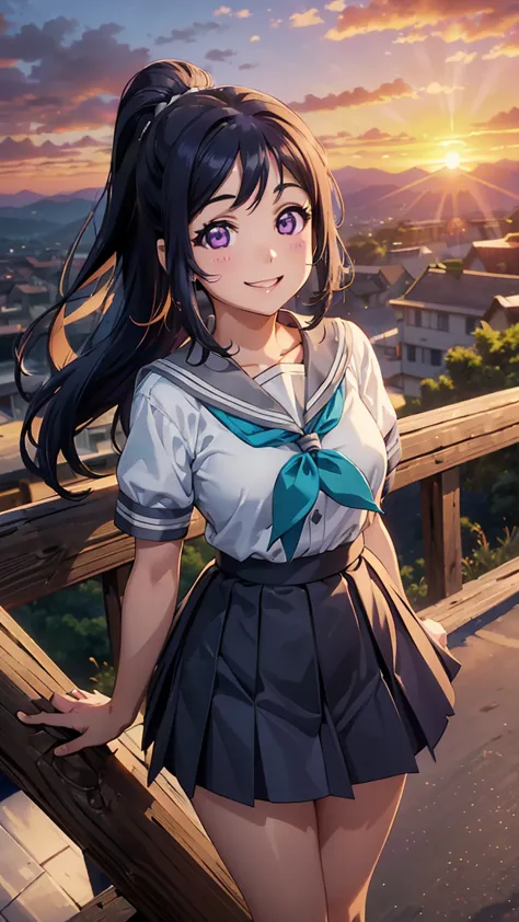 kanan matsuura, blue hair, long hair, ponytail, (purple eyes:1.1), sidelocks,
aqua neckerchief, grey sailor collar, grey skirt, ...