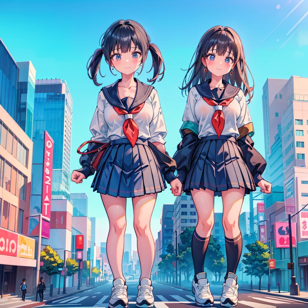  ((Two giant high school girls standing on the road) ) Composition seen from below, true sunset, sunset, evening, masterpiece Anime style Delicate painting 4K 90's Huge Multiple crowd Crowd in a big city Lots of people ) (( Sailor Uniform)) ((School Uniform)) ((Big City)), ((Tokyo Akihabara Electric Town)), Big Breasts, High School Girl, Transparent Costume, Sweaty, Splashes, Sneakers, Watch, Black Hair, Smile, Female Titan Giant Girl Full Body Crowd Unreal Engine, Cleavage, Image, Earrings, Cute Photo, Beauty, Analog Style, Full Body, Sneakers, GTS, Giant Female Giant, Building Valley Girl, Skyscraper City, Big City, GTS , Giant Female Titan,