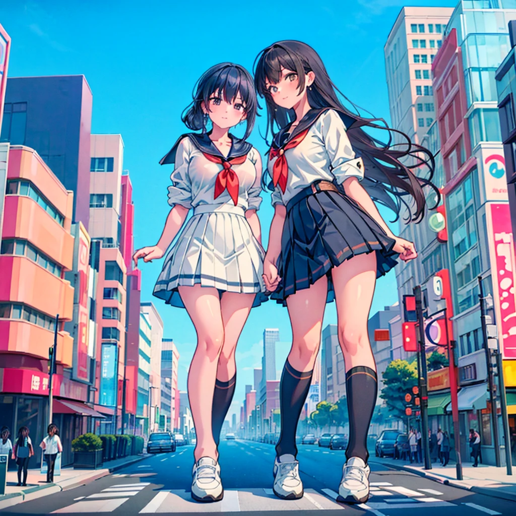  ((Two giant high school girls standing on the road) ) Composition seen from below, true sunset, sunset, evening, masterpiece Anime style Delicate painting 4K 90's Huge Multiple crowd Crowd in a big city Lots of people ) (( Sailor Uniform)) ((School Uniform)) ((Big City)), ((Tokyo Akihabara Electric Town)), Big Breasts, High School Girl, Transparent Costume, Sweaty, Splashes, Sneakers, Watch, Black Hair, Smile, Female Titan Giant Girl Full Body Crowd Unreal Engine, Cleavage, Image, Earrings, Cute Photo, Beauty, Analog Style, Full Body, Sneakers, GTS, Giant Female Giant, Building Valley Girl, Skyscraper City, Big City, GTS , Giant Female Titan,