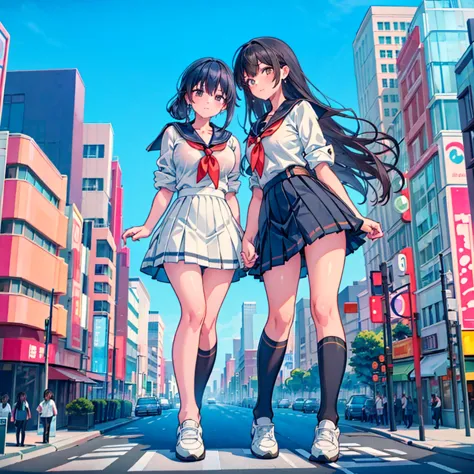 ((two giant high school girls standing on the road) ) composition seen from below, true sunset, sunset, evening, masterpiece ani...