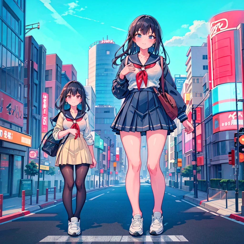  ((Two giant high school girls standing on the road) ) Composition seen from below, true sunset, sunset, evening, masterpiece Anime style Delicate painting 4K 90's Huge Multiple crowd Crowd in a big city Lots of people ) (( Sailor Uniform)) ((School Uniform)) ((Big City)), ((Tokyo Akihabara Electric Town)), Big Breasts, High School Girl, Transparent Costume, Sweaty, Splashes, Sneakers, Watch, Black Hair, Smile, Female Titan Giant Girl Full Body Crowd Unreal Engine, Cleavage, Image, Earrings, Cute Photo, Beauty, Analog Style, Full Body, Sneakers, GTS, Giant Female Giant, Building Valley Girl, Skyscraper City, Big City, GTS , Giant Female Titan,