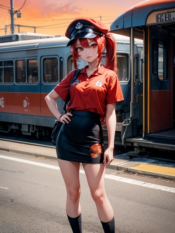 1girl, solo, red hair, red eyes, twintails, employee uniform, pencil skirt, skull print, navy cap, orange sky,, outdoors, train station, standing in front of bus,, 