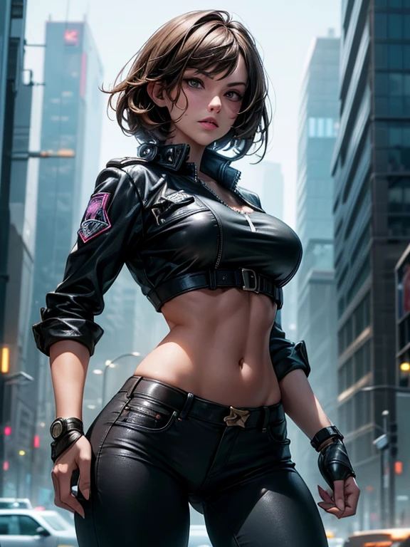 (Lauren Cohan), Portrait of natlp as a beautiful female model, georgia fowler, beautiful face, with short dark brown hair, in cyberpunk city at night. She is wearing a leather jacket, tube top, black jeans, dramatic lighting, police badge on her hip(police badge:1.2), "beautiful detailed face, beautiful detailed eyes, beautiful detailed lips, beautiful detailed nose, slim athletic body, sagging breasts, round breasts, wide hips"