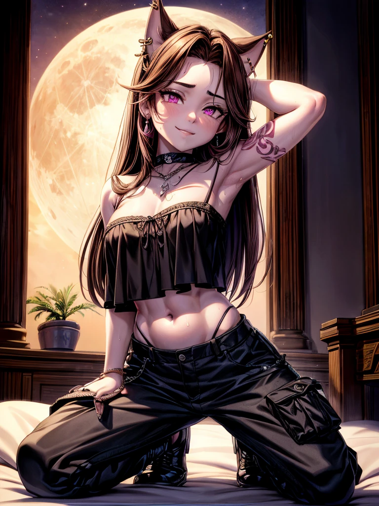 Mexican girl, piel morena, alrededor de 30 años, violet&brown hair, glowing pink eyes add high definition_detail:1, tribal tattoo add_detail:1,pose in bed, scoating position during a full moon showing off her beautiful figure and her outfit (black blouse, black cargo pants) sweaty body add_details:1, smiling add_detailsl:1, ear piercing add_detail:1, fullbody view, pelo con un largo medio, caderas anchas, small bust, pechos pequeños, sensual girl