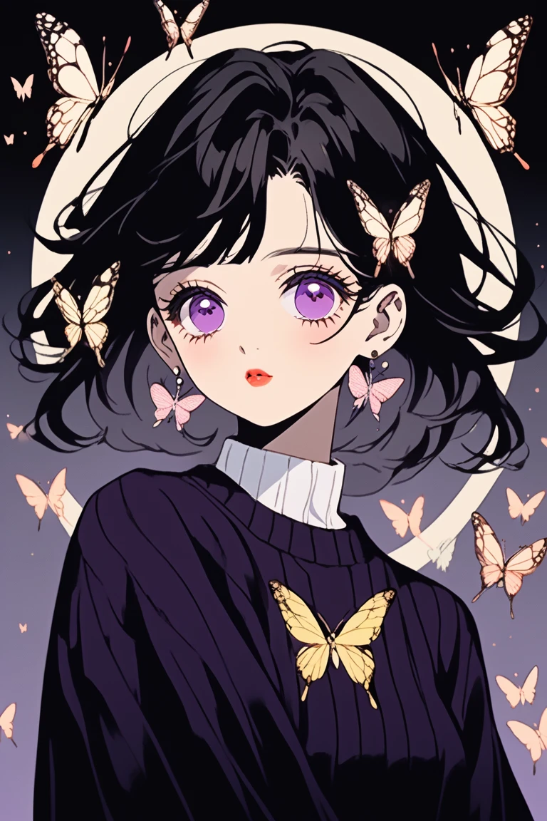 (Highest quality, sketch:1.2),Genuineistic,Illustrator,anime,1 girl, Detailed lips,sweater,custom,,Neon Hair,Texture Clipping,masterpiece, style: Retro Classic, Dark Black、Under the Moon、Black Hair、Beautiful butterfly、虹色のButterfly Hair Ornament、、Fair skin,一つ結びでSide Tail、Butterfly Hair Ornament、school uniform、beautiful girl、Genuine、cute、Purple eyes、Side Tail