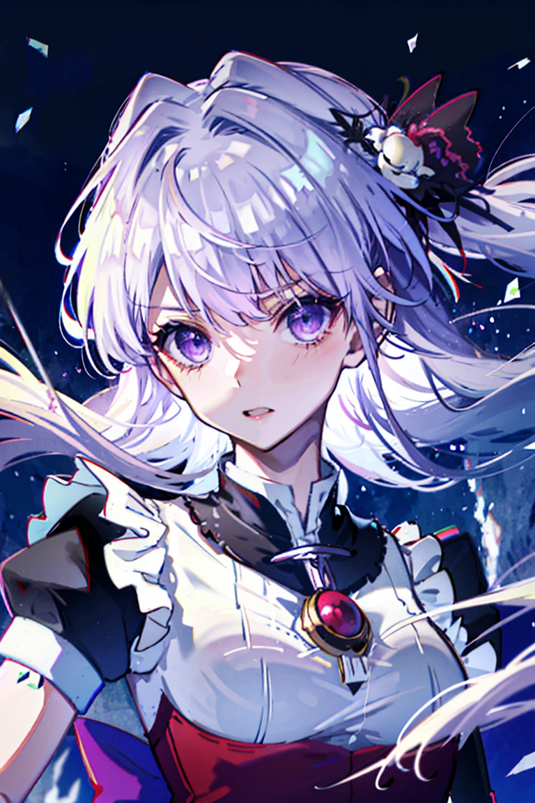 Long white hair，Maid costume，(best quality, Detailed background, high resolution, ridiculous, bloom, disheveled hair, shiny hair, exposed to light, High and cold, Focused and meticulous gaze),Holy girl，Purple Eyes，fate，Istar，
1 girl, earpiece, long hair, silver hair, What's the big deal_Chest, put your arms behind your back, daytime, Outdoor sports, Black Forest, water, Creek,
hair_decorate, (hair over one eye),  whole body, portrait,