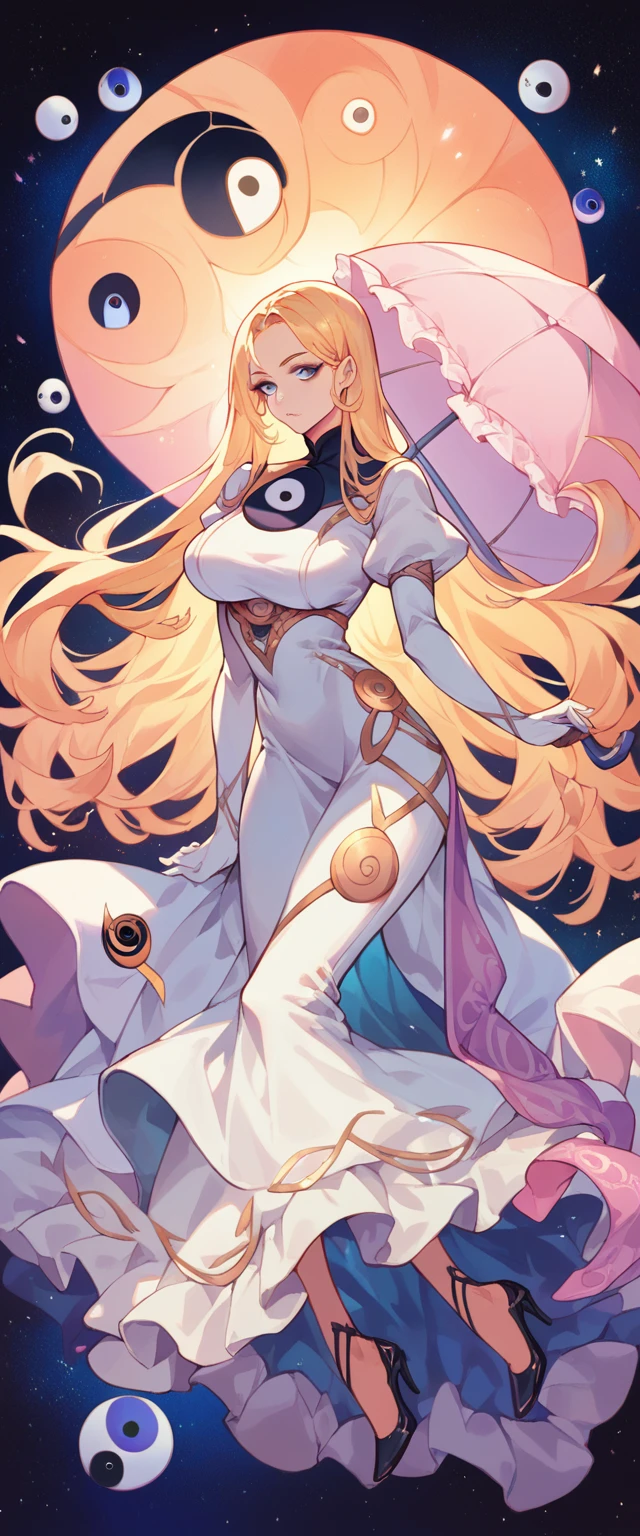 A tall huge big sexy beautiful lady girl with long golden hair and blue eyes wears a long white outfit under a colorful orange purple Yin Yang cover with long black heels carrying a pink umbrella in a galaxy background