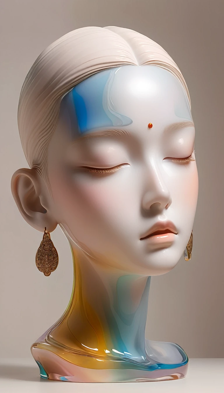 3D portrait sculptures placed on the central stand，simple，Minimalism，Buddha，Buddha head，Soft and elegant colors，Stained glass transparent