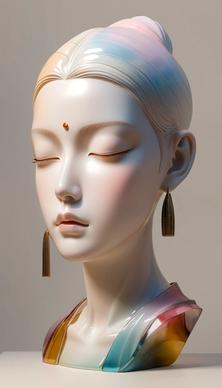 3D portrait sculptures placed on the central stand，simple，Minimalism，Buddha，Buddha head，Soft and elegant colors，Stained glass transparent