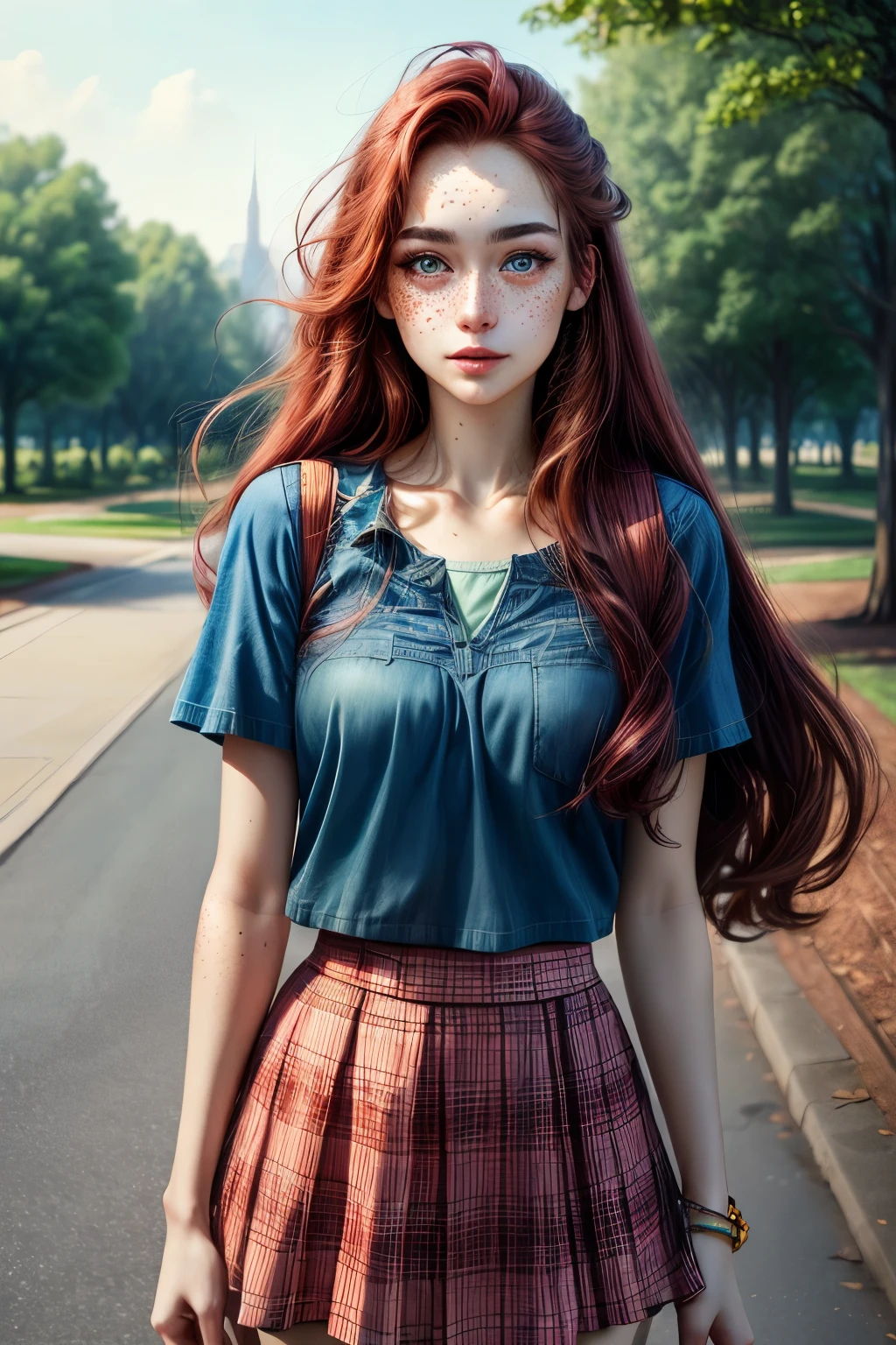 a one woman, long straight red hair, blue colored eyes, freckles on the face, face detailed, skirt short, standing, in a park, ray tracing, high resolution, super detaill, 8k, Overview