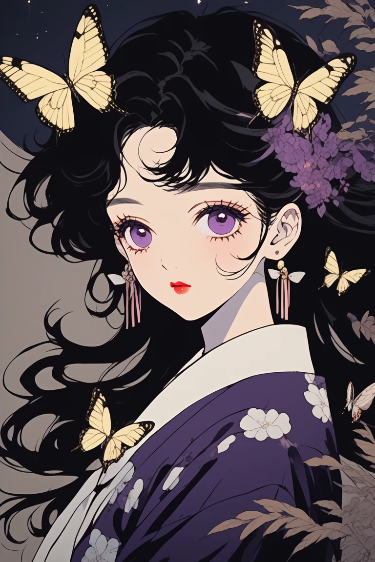 (Highest quality, sketch:1.2),Genuineistic,Illustrator,anime,1 girl, Detailed lips,custom,,Neon Hair,Texture Clipping,masterpiece, style: Retro Classic, Dark Black、Under the Moon、Black Hair、Beautiful butterfly、虹色のButterfly Hair Ornament、、Fair skin,一つ結びでSide Tail、Butterfly Hair Ornament、school uniform、beautiful girl、Genuine、cute、Purple eyes、Side Tail