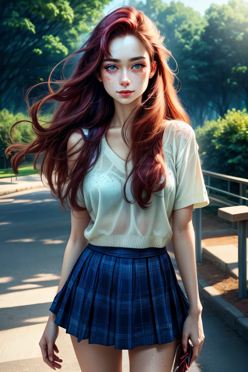 a one woman, long straight red hair, whole glass, blue colored eyes, freckles on the face, face detailed, skirt short, standing, in a park, ray tracing, high resolution, super detaill, 8k, Overview