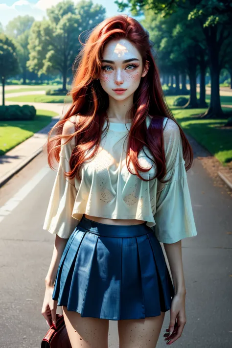 a one woman, long straight red hair, whole glass, perfectbody, blue colored eyes, freckles on the face, face detailed, skirt sho...