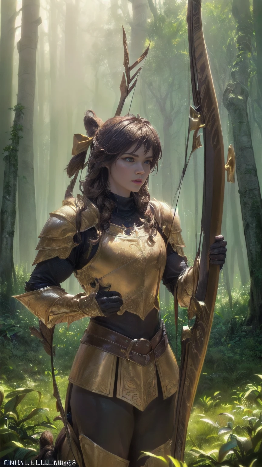 ((a centaur, detailed muscular body, glowing golden skin, fierce eyes, flowing brown hair, intricate leather armor, holding a bow and arrow, standing amidst a lush forest, Dramatic lighting, cinematic composition, Rich Colors, Fantasy art, Unreal Engine, 8k, high quality, Photorealistic:1.5)), (Gabriel Pacheco&#39;s style page), DonMSt34mPXL, (Best Quality,4k,8k,High resolution,masterpiece:1.2),ultra detailed,(realist,photorealist,photo-realist:1.37),intricate details,exquisite craftsmanship,awesome lighting,vibrant colors,Dream fantasy,delicate features,Porcelain skin,fascinating eyes,elegant pose,ethereal atmosphere