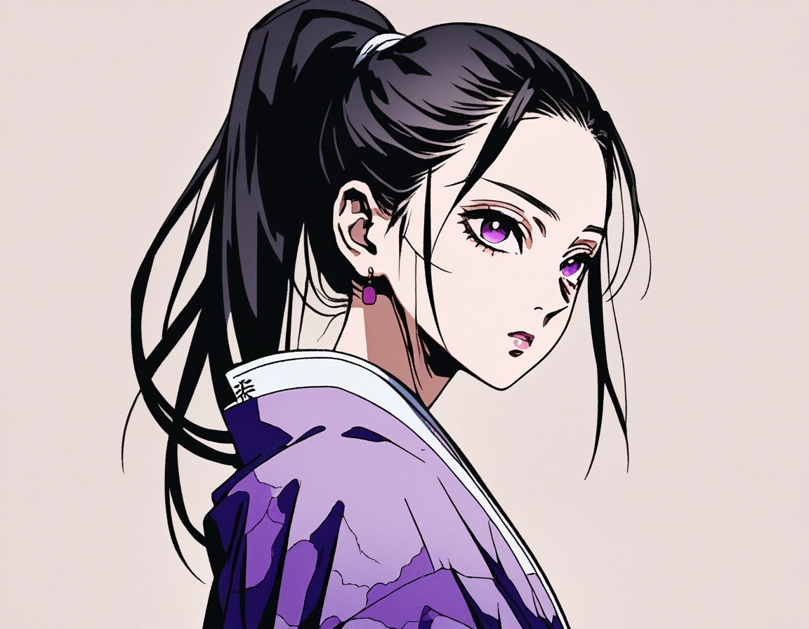 Highest quality, sketch:1.2),Realistic,Illustrator,anime,1 girl, Detailed lips,Purple sleeveless kimono、Kuroko next to the eye、Black hair ponytail、Beauty、Gradient Background