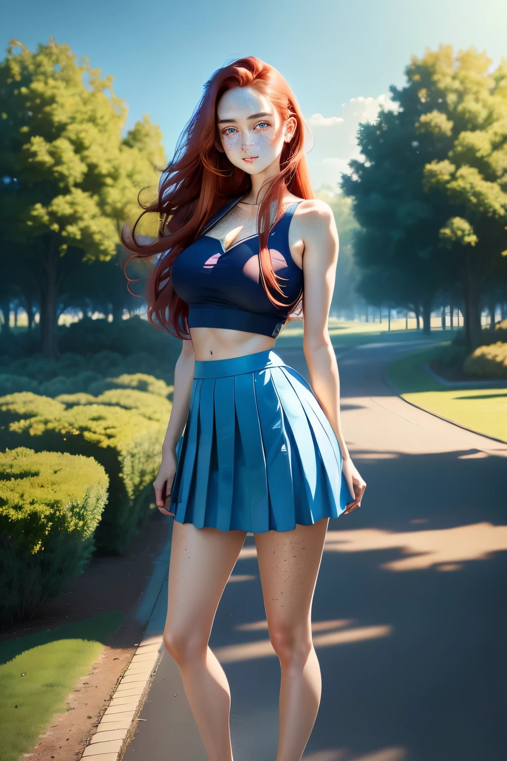 a one woman, long straight red hair, of the whole glass, perfectbody, muslos grandes, blue colored eyes, freckles on the face, face detailed, skirt short, standing, in a park, ray tracing, high resolution, super detaill, 8k, Overview