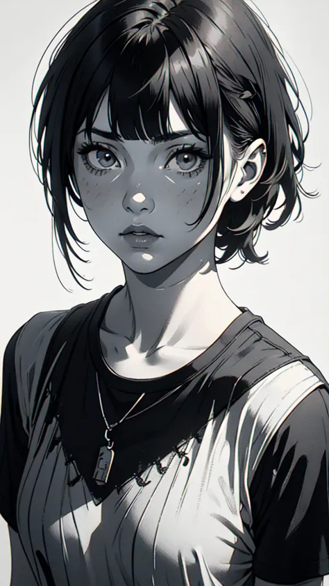 1 boyish girl, solo, sharp eyes, monochrome, greyscale, short black hair, portrait, white t-shirt, thin eyebrows, closed mouth, ...