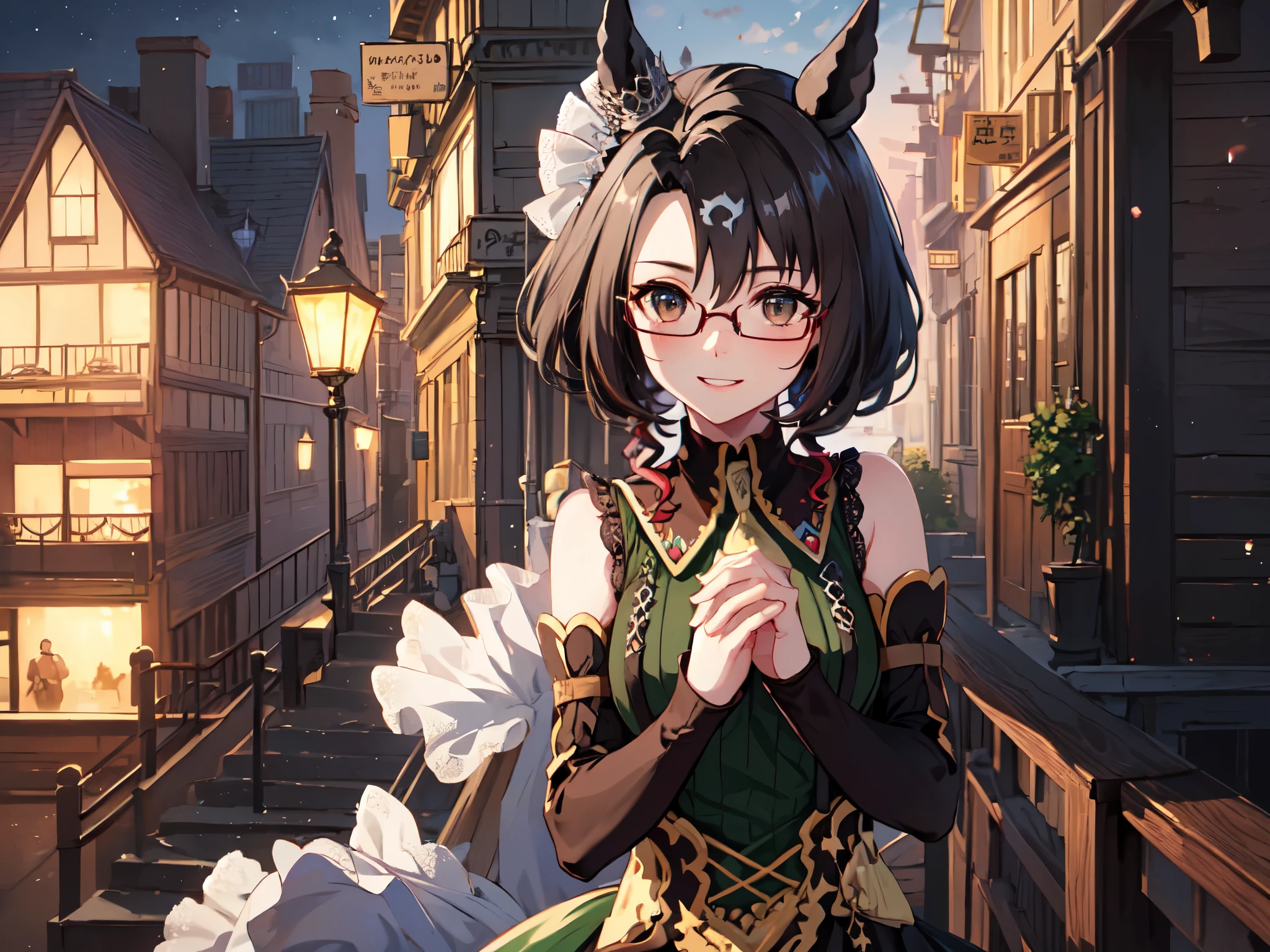 Masterpiece, high quality, 4K, HDR、upper body shot、Chest centered。Cool horse ears beauty、smile、looking at the camera。Brown Eyes、Pink Lipstick、Glamorous Body。Red glasses、Shoulder less、Casual clothes。Bend your knees、Place your hands on your chest and waist。Night starry sky、Ruins at night。
