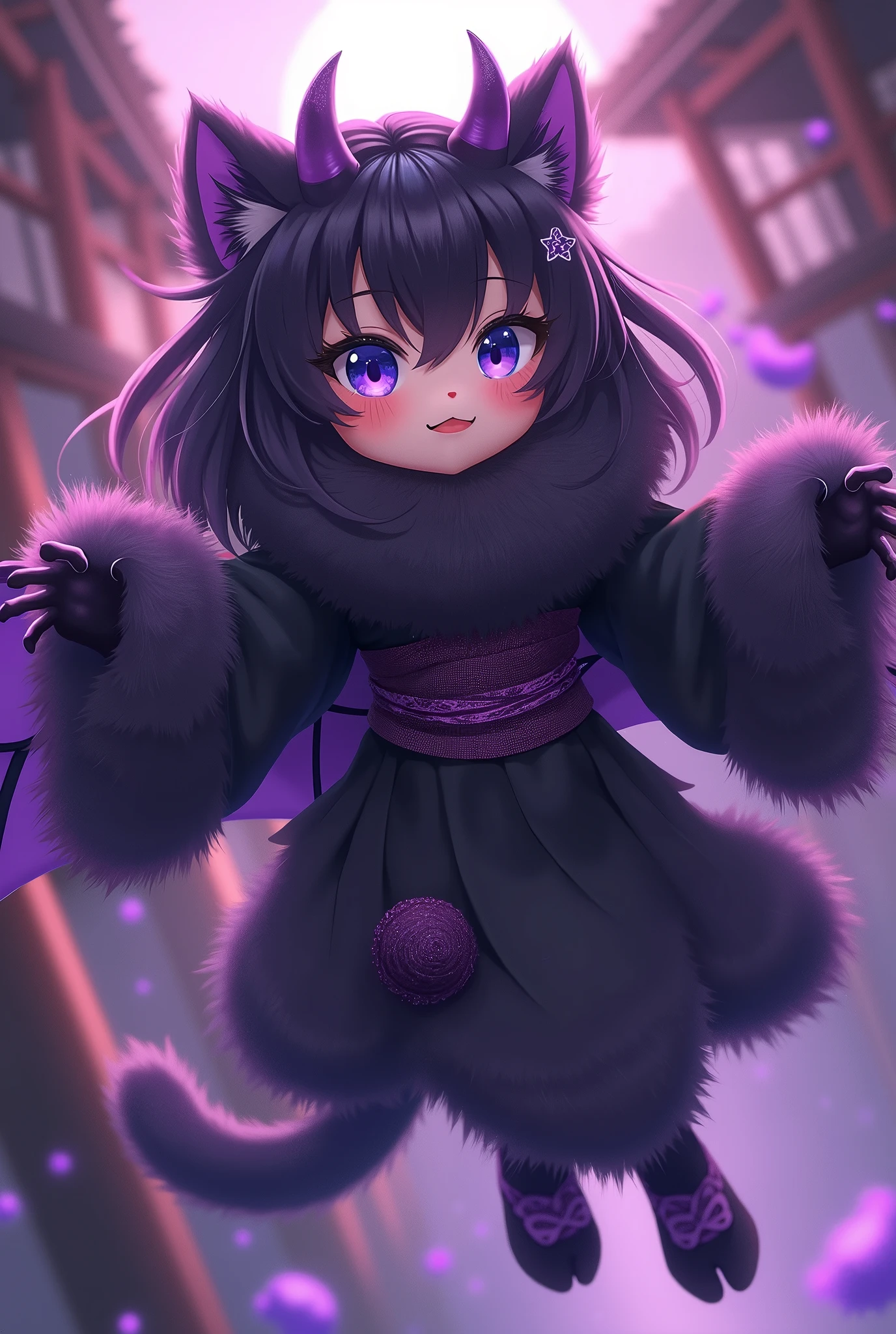 furry cat girl, anime western style art, small cat ears, medium sized breasts, blue slightly violet colored cat eyes, thin slit irises, thin iris, violet mist aura, small closed lip smile,  body, black kimono laced with dark purple linen, angle on the left side, furry body, black fur, violet claws, furry person, paws, cat face, muzzle, Japanese background, paws, demonic violet aura, long hair, silky hair, straight hair, black fur covering entire body, Multiple tails, small purple demon horns, toe-beans on paws, purple claws, visible paw pads, cute, magical violet aura, black fur, purple gemstone kimono, 9 cat tails. Furry Wings, Medium sized Wings, flying, large smile, straight hair, flying towards camera, adorable, arms outstretched, wants a hug. 
