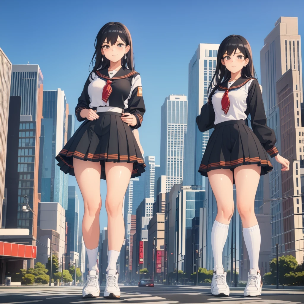  ((Two giant high school girls standing on the road) ) Composition seen from below, true sunset, sunset, evening, masterpiece Anime style Delicate painting 4K 90's Huge Multiple crowd Crowd in a big city Lots of people ) (( Sailor Uniform)) ((School Uniform)) ((Big City)), ((Tokyo Akihabara Electric Town)), Big Breasts, High School Girl, Transparent Costume, Sweaty, Splashes, Sneakers, Watch, Black Hair, Smile, Female Titan Giant Girl Full Body Crowd Unreal Engine, Cleavage, Image, Earrings, Cute Photo, Beauty, Analog Style, Full Body, Sneakers, GTS, Giant Female Giant, Building Valley Girl, Skyscraper City, Big City, GTS , Giant Female Titan,