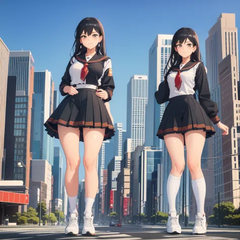 ((two giant high school girls standing on the road) ) composition seen from below, true sunset, sunset, evening, masterpiece ani...