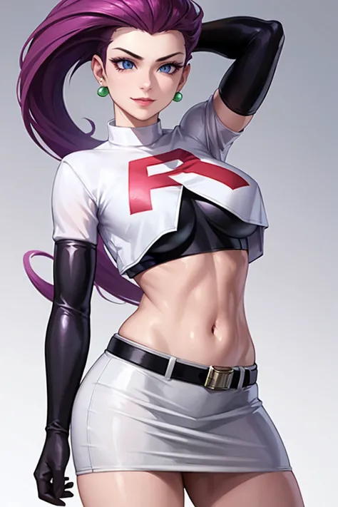 masterpiece, stunning realistic, best quality, sharpness, 1 girl ,pokemon jessie, alone, team rocket, gloves, slicked back hair,...