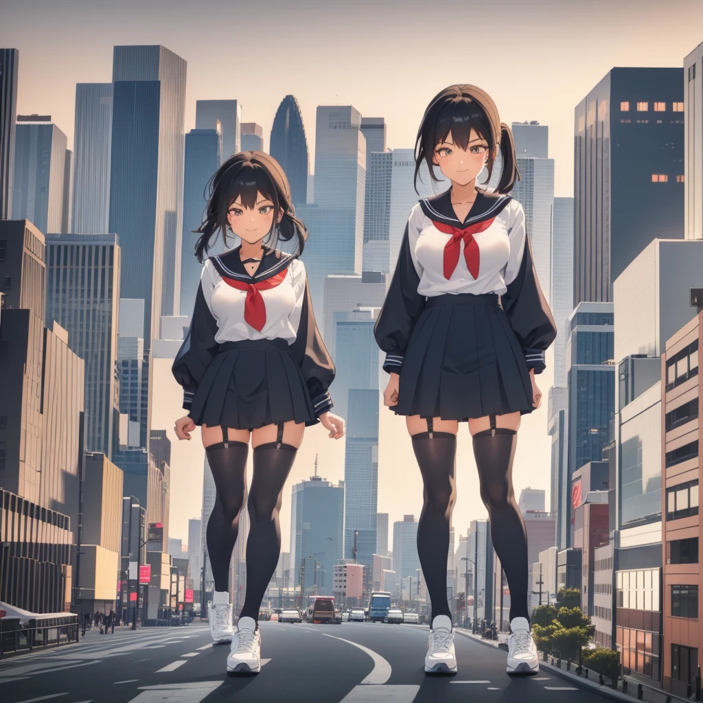  ((Two giant high school girls standing on the road) ) Composition seen from below, true sunset, sunset, evening, masterpiece Anime style Delicate painting 4K 90's Huge Multiple crowd Crowd in a big city Lots of people ) (( Sailor Uniform)) ((School Uniform)) ((Big City)), ((Tokyo Akihabara Electric Town)), Big Breasts, High School Girl, Transparent Costume, Sweaty, Splashes, Sneakers, Watch, Black Hair, Smile, Female Titan Giant Girl Full Body Crowd Unreal Engine, Cleavage, Image, Earrings, Cute Photo, Beauty, Analog Style, Full Body, Sneakers, GTS, Giant Female Giant, Building Valley Girl, Skyscraper City, Big City, GTS , Giant Female Titan,