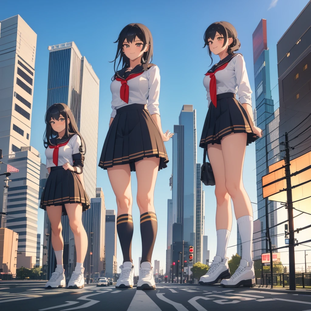  ((Two giant high school girls standing on the road) ) Composition seen from below, true sunset, sunset, evening, masterpiece Anime style Delicate painting 4K 90's Huge Multiple crowd Crowd in a big city Lots of people ) (( Sailor Uniform)) ((School Uniform)) ((Big City)), ((Tokyo Akihabara Electric Town)), Big Breasts, High School Girl, Transparent Costume, Sweaty, Splashes, Sneakers, Watch, Black Hair, Smile, Female Titan Giant Girl Full Body Crowd Unreal Engine, Cleavage, Image, Earrings, Cute Photo, Beauty, Analog Style, Full Body, Sneakers, GTS, Giant Female Giant, Building Valley Girl, Skyscraper City, Big City, GTS , Giant Female Titan,