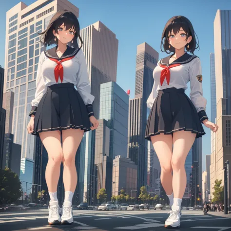 ((two giant high school girls standing on the road) ) composition seen from below, true sunset, sunset, evening, masterpiece ani...