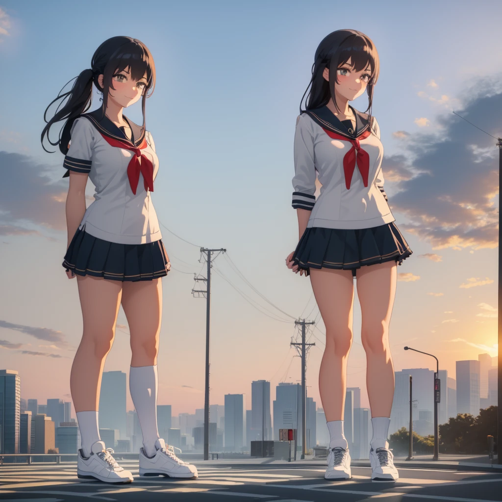  ((Two giant high school girls standing on the road) ) Composition seen from below, true sunset, sunset, evening, masterpiece Anime style Delicate painting 4K 90's Huge Multiple crowd Crowd in a big city Lots of people ) (( Sailor Uniform)) ((School Uniform)) ((Big City)), ((Tokyo Akihabara Electric Town)), Big Breasts, High School Girl, Transparent Costume, Sweaty, Splashes, Sneakers, Watch, Black Hair, Smile, Female Titan Giant Girl Full Body Crowd Unreal Engine, Cleavage, Image, Earrings, Cute Photo, Beauty, Analog Style, Full Body, Sneakers, GTS, Giant Female Giant, Building Valley Girl, Skyscraper City, Big City, GTS , Giant Female Titan,