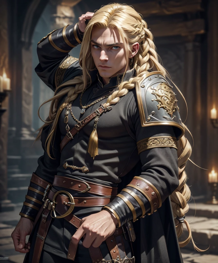 Very attractive and intriguing male fantasy character  Male D&D character with long blond hair in long male braids.  Very fierce and masculine. Stylish hair.  Looks like a muscular, handsome hero. Attractive features.  Handsome face. Medieval fantasy attire.  Intense stare.  Large muscles.  Ideal physique.  Dashing hero.  hyper detailed, gothic art, intricate details, ultra detailed, ultra detailed clothes, epic masterpiece, ultra detailed, intricate details,  award winning, fantasy art concept masterpiece, trending on Artstation, digital art, unreal engine, 8k, ultra HD, centered image