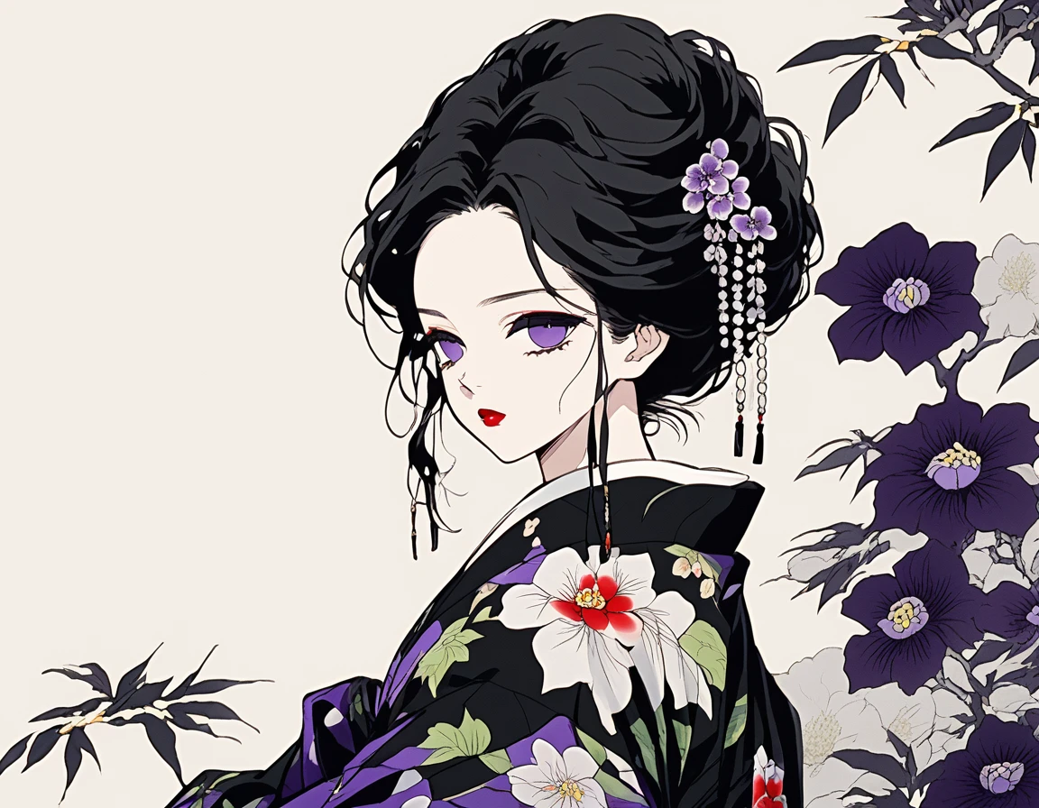 (Highest quality, sketch:1.2),Genuineistic,Illustrator,anime,1 girl, Detailed lips,custom,,Neon Hair,Texture Clipping,masterpiece, style: Retro Classic, Dark Black、、Black Hair、Fair skin、Genuine、cute、Purple eyes、Black kimono、A beautiful woman、アップstyleの髪、Gradient Background、Beautiful flowers bloom around her、Red lips、Black kimonoに赤い椿の柄、Red lips、Black kimonoに赤い椿の柄、Red lips、Black kimonoに赤い椿の柄、Red lips、Black kimonoに赤い椿の柄、Red lips、Black kimonoに赤い椿の柄、Red lips、Black kimonoに赤い椿の柄、Red lips、Black kimonoに赤い椿の柄、Red lips、Black kimonoに赤い椿の柄