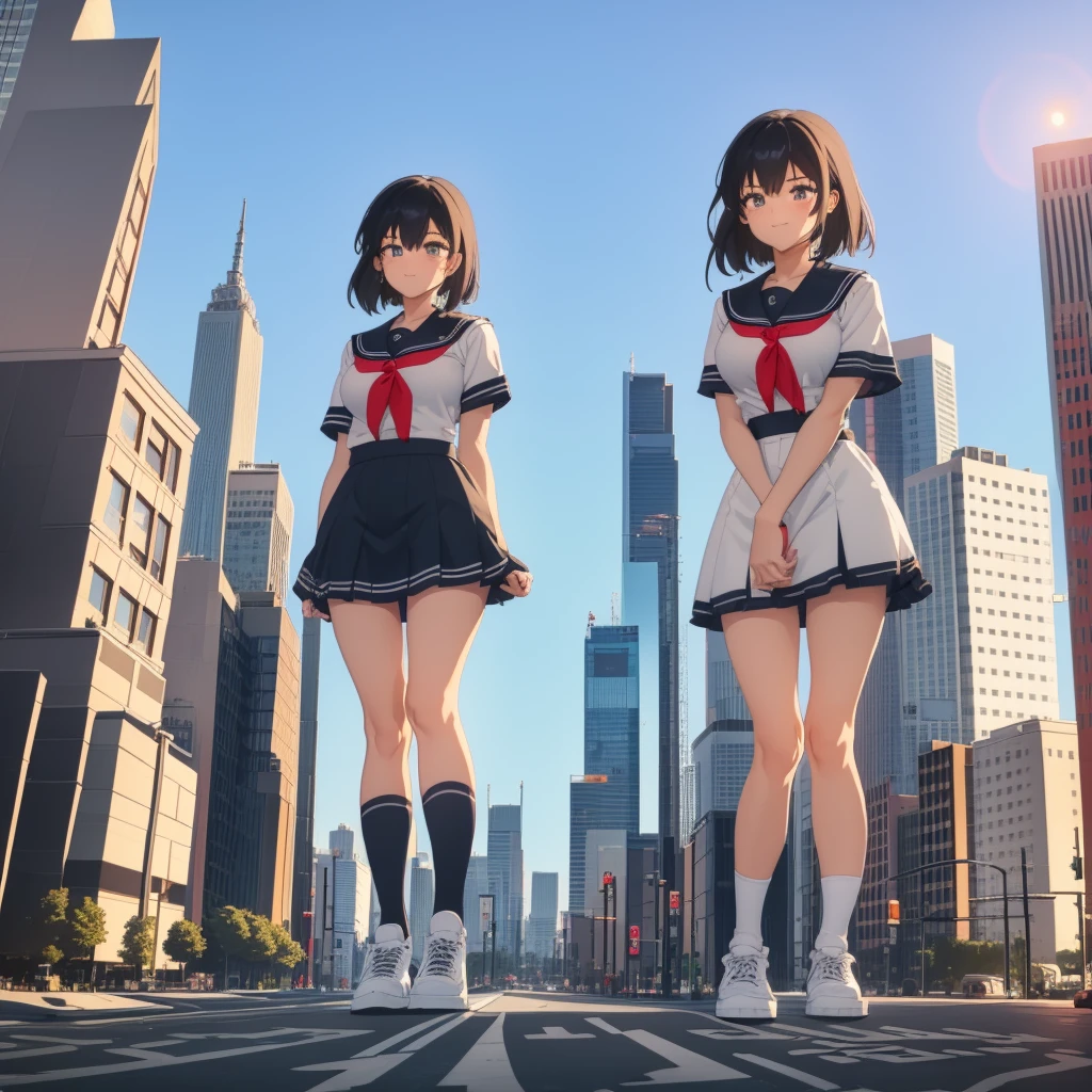  ((Two giant high school girls standing on the road) ) Composition seen from below, true sunset, sunset, evening, masterpiece Anime style Delicate painting 4K 90's Huge Multiple crowd Crowd in a big city Lots of people ) (( Sailor Uniform)) ((School Uniform)) ((Big City)), ((Tokyo Akihabara Electric Town)), Big Breasts, High School Girl, Transparent Costume, Sweaty, Splashes, Sneakers, Watch, Black Hair, Smile, Female Titan Giant Girl Full Body Crowd Unreal Engine, Cleavage, Image, Earrings, Cute Photo, Beauty, Analog Style, Full Body, Sneakers, GTS, Giant Female Giant, Building Valley Girl, Skyscraper City, Big City, GTS , Giant Female Titan,