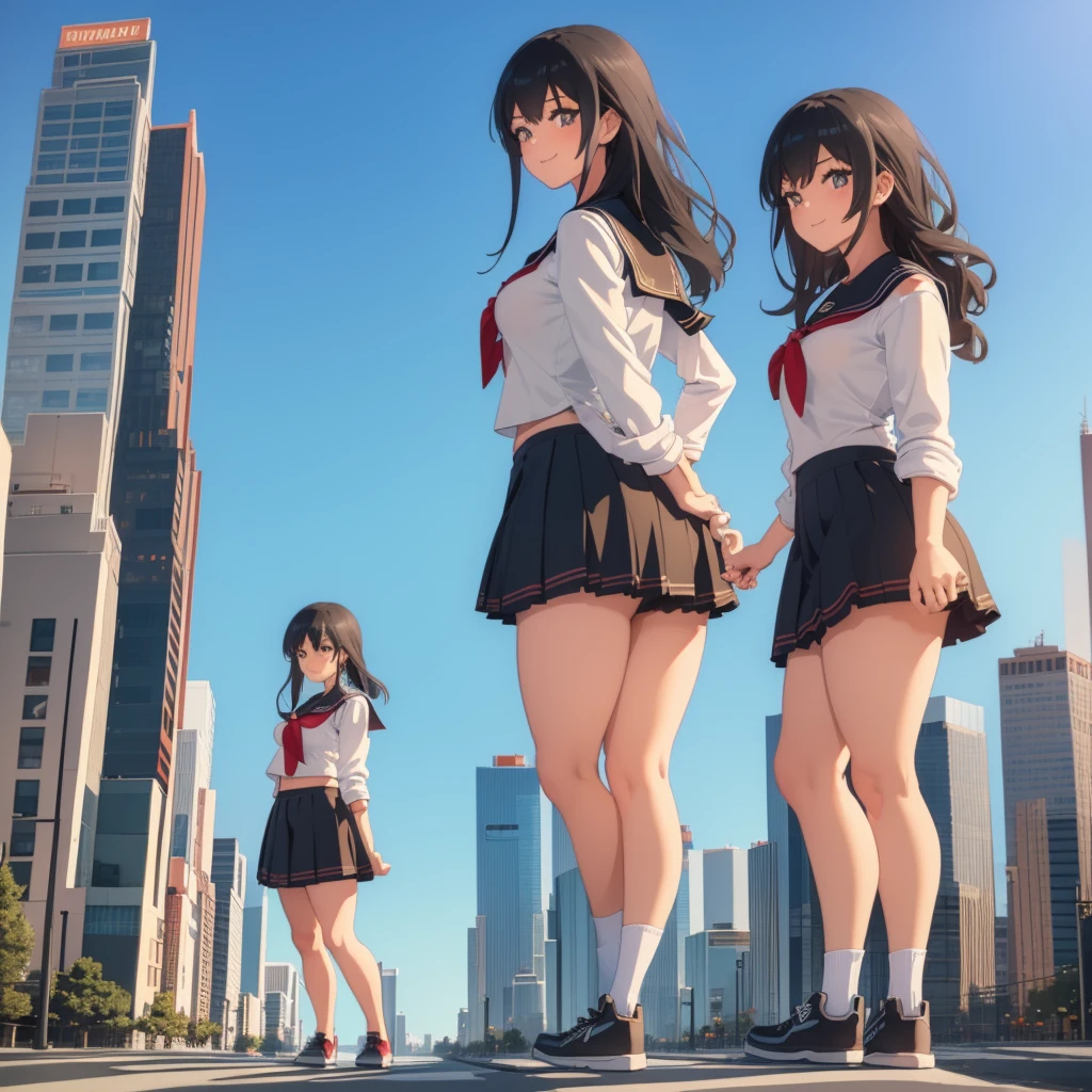  ((Two giant high school girls standing on the road) ) Composition seen from below, true sunset, sunset, evening, masterpiece Anime style Delicate painting 4K 90's Huge Multiple crowd Crowd in a big city Lots of people ) (( Sailor Uniform)) ((School Uniform)) ((Big City)), ((Tokyo Akihabara Electric Town)), Big Breasts, High School Girl, Transparent Costume, Sweaty, Splashes, Sneakers, Watch, Black Hair, Smile, Female Titan Giant Girl Full Body Crowd Unreal Engine, Cleavage, Image, Earrings, Cute Photo, Beauty, Analog Style, Full Body, Sneakers, GTS, Giant Female Giant, Building Valley Girl, Skyscraper City, Big City, GTS , Giant Female Titan,