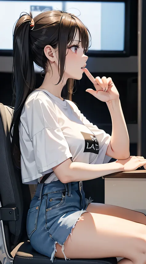 (side view), the girl  with long black hair, (ample breasts), wearing a white t-shirt and denim shorts, sitting on a chair in a ...