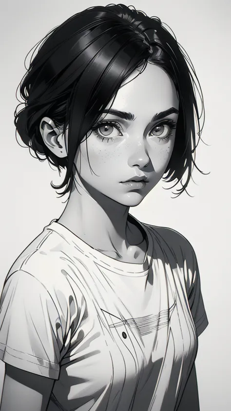 1 boyish girl, solo, sharp eyes, monochrome, greyscale, short black hair, portrait, white t-shirt, thin eyebrows, closed mouth, ...