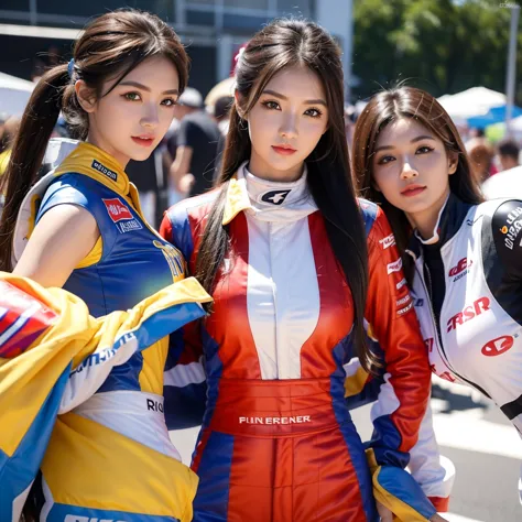 super detailed photos、detailed face、cool woman、colorful costumes、f1 driver cosplay、colorful costumes、clothing with company logo、...