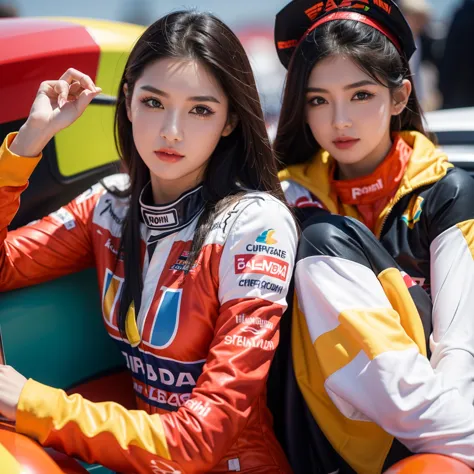 super detailed photos、detailed face、cool woman、colorful costumes、f1 driver cosplay、colorful costumes、clothing with company logo、...