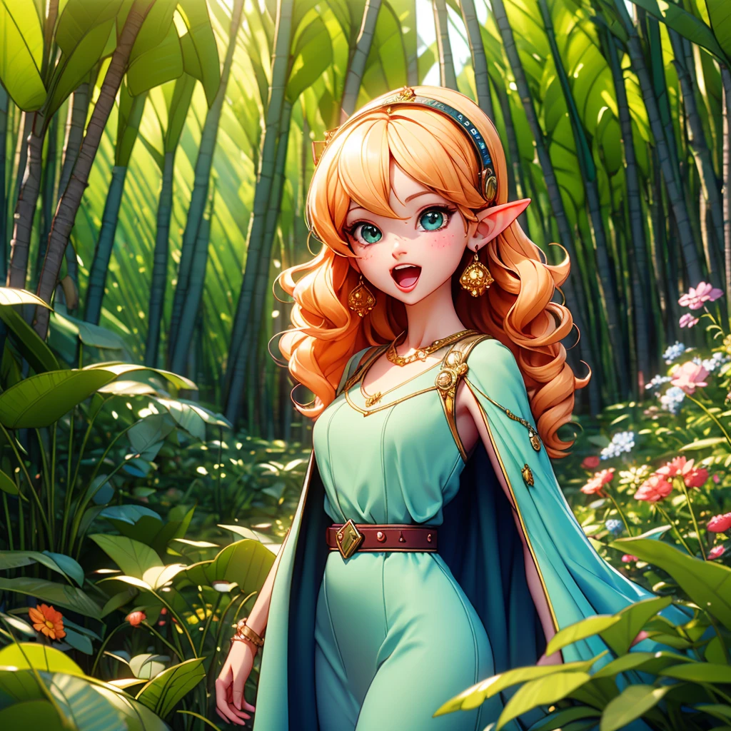 (extremely detailed fine touch:1.2), (natural light, sun light, light rays, dappled light, ray tracing:1.2), mature female , masterpiece, best quality, highly quality , ANI_CLASSIC_deedlit_ownwaifu, www.ownwaifu.com, pointy ears, blonde hair, long hair, elf, circlet, green eyes, long pointy ears, very long hair, breasts, medium breasts, earrings, lips, makeup, bangs, cape, armor, blue cape, shoulder armor, pauldrons, gloves, breastplate, belt, green dress, short dress, looking at viewer, blush, open mouth, standing, (Masterpiece, extremely detailed CG, sharp line),deedlit, offcial art, Colorful, Beautiful Japanese anime style，Extremely detailed eyes and face，Sharp pupils，realistic pupil，In the woods、cabellos largos dorados，ears of elf，Black lace panties，Slender thighs, varies multi etc. --v 6 --s 1000 --c 20 --q 20 --chaos 100