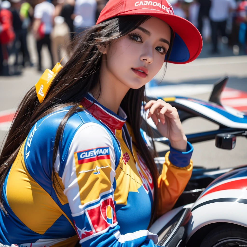 Super detailed photos、Detailed face、Cool woman、Colorful costumes、F1 Driver Cosplay、Colorful costumes、Clothing with company logo、The Grid Girls&#39; colorful and flashy costumes、Grid Girls、Perfect Face、Paddock Girls、harem、motor Show、tights、Bodycon Costumes、Grid Girls、Russia、Grid Girlsのコスプレ、belly button、Pleated skirt、Bodycon Costumes、Legs open pose、With legs spread