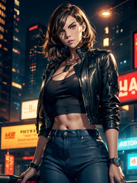 (lauren cohan), portrait of  a beautiful female model, beautiful face, with short dark brown hair, in cyberpunk city at night. s...